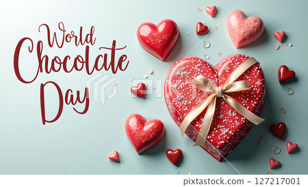 Celebration of world chocolate day with heart shaped chocolates and a gift box Celebration of world chocolate day with heart shaped chocolates and a gift box 127217001