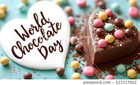 Celebrate World Chocolate Day with a heart-shaped cake and colorful candies 127217002
