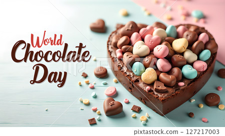 Heart-shaped chocolate cake with colorful candy for World Chocolate Day celebration 127217003