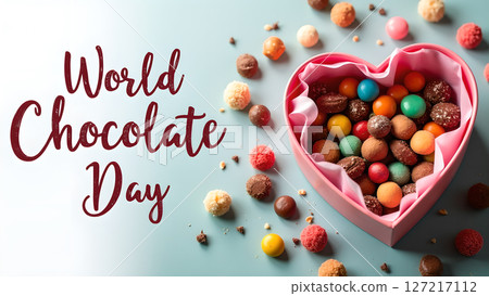 Celebrate World Chocolate Day with a heart-shaped box of colorful chocolates Celebrate World Chocolate Day with a heart-shaped box of colorful chocolates 127217112
