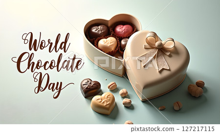 Elegant chocolate heart box for World Chocolate Day celebration with ribbon detail Elegant chocolate heart box for World Chocolate Day celebration with ribbon detail 127217115