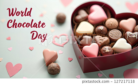 Heart-shaped box filled with assorted chocolates for World Chocolate Day celebration 127217118