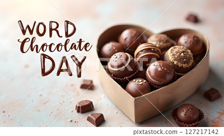 Delicious chocolate truffles in heart-shaped box for World Chocolate Day celebration 127217142