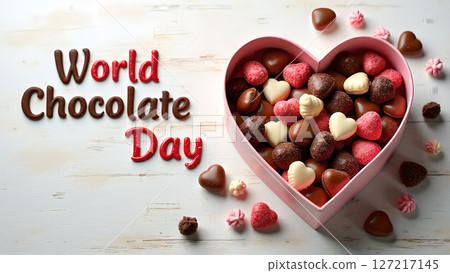 Festive World Chocolate Day celebration with heart-shaped box filled with sweets Festive World Chocolate Day celebration with heart-shaped box filled with sweets 127217145