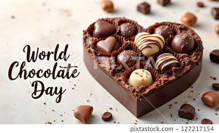 Delicious heart-shaped chocolate box for World Chocolate Day celebration sharing love Delicious heart-shaped chocolate box for World Chocolate Day celebration sharing love 127217154