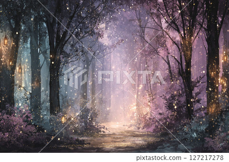 A fantastical forest of spirits dyed purple and blue with particles of light A fantastical forest of spirits dyed purple and blue with particles of light 127217278