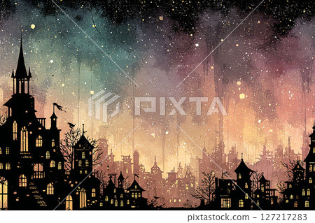 夢幻城市夜空與哥德式街景，光粒子翩翩起舞 127217283