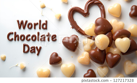 Celebrate World Chocolate Day with Sweet Heart-Shaped Chocolates on White Background Celebrate World Chocolate Day with Sweet Heart-Shaped Chocolates on White Background 127217328