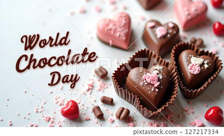 Delicious heart-shaped chocolates for World Chocolate Day celebration on white background 127217334