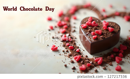 Delicious heart-shaped chocolate confection decorated for world chocolate day celebration Delicious heart-shaped chocolate confection decorated for world chocolate day celebration 127217336
