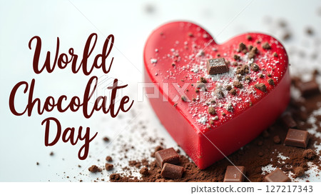 Celebration of World Chocolate Day with a Red Heart Chocolate on White Backdrop Celebration of World Chocolate Day with a Red Heart Chocolate on White Backdrop 127217343