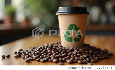 Coffee cup displaying a recycling symbol, representing eco-friendly practices and Earth Day awareness with roasted beans Coffee cup displaying a recycling symbol, representing eco-friendly practices and Earth Day awareness with roasted beans 127217391