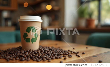 A coffee cup embellished with a recycling symbol, emphasizing eco-friendliness and sustainability in honor of earth day A coffee cup embellished with a recycling symbol, emphasizing eco-friendliness and sustainability in honor of earth day 127217392