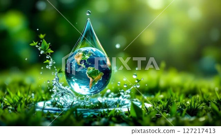 Earth illustrated within a water droplet, symbolizing the significance of sustainability and environmental protection on earth day 127217413