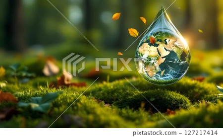 A water droplet encasing Earth, representing sustainability and environmental consciousness for Earth Day and promoting green energy awareness 127217414