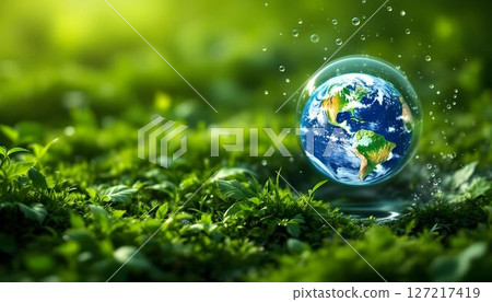 A water drop encapsulating Earth, symbolizing sustainability and eco-friendliness for Earth Day and green energy awareness 127217419