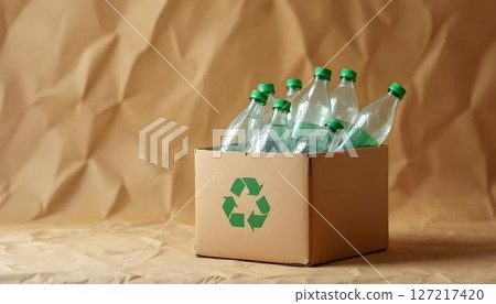 A cardboard box filled with recycled plastic bottles, highlighting eco-friendly efforts for a sustainable environment 127217420