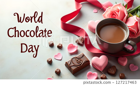 Delightful World Chocolate Day Still Life with Roses, Hearts and a Hot Drink Delightful World Chocolate Day Still Life with Roses, Hearts and a Hot Drink 127217463
