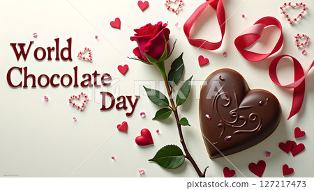 Celebrating World Chocolate Day with heart-shaped treats, a rose, and ribbon decorations 127217473