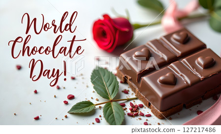 Celebrate World Chocolate Day with a rose, chocolate heart bars, and confectionery 127217486