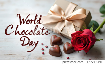 Celebrate World Chocolate Day with Gift, Heart Chocolates, and a Romantic Red Rose 127217491