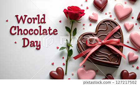 Celebrating World Chocolate Day with Heart-Shaped Treats and a Beautiful Red Rose Celebrating World Chocolate Day with Heart-Shaped Treats and a Beautiful Red Rose 127217502