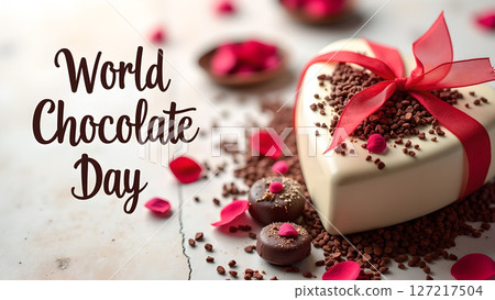 Celebrating World Chocolate Day: Heart-Shaped Cake and Treats with Rose Petals 127217504