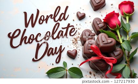 Celebrate World Chocolate Day with Delicious Heart-Shaped Chocolates and Red Roses 127217930