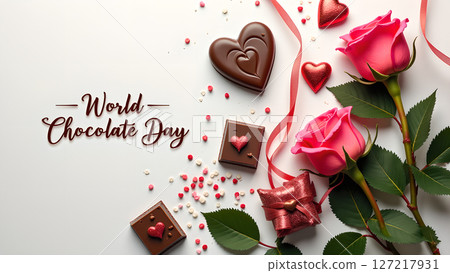 Elegant world chocolate day still life with roses and heart-shaped chocolates Elegant world chocolate day still life with roses and heart-shaped chocolates 127217931