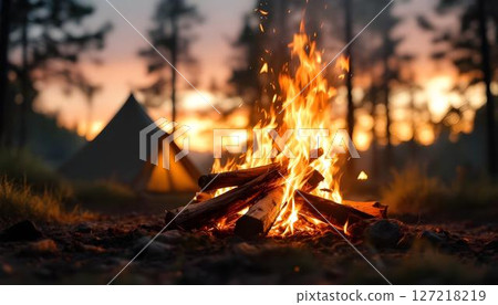 A tranquil forest landscape at sunset, showcasing a campfire and a camping tent, inviting for a relaxing vacation experience 127218219