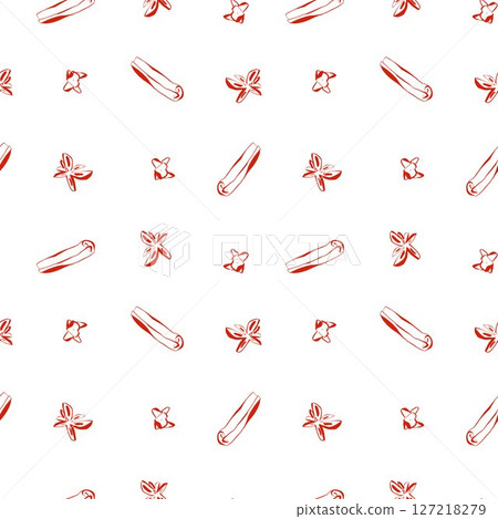 Hand drawn seamless pattern with cinnamon sticks anise and cloves in red color on white background for packaging or textiles Hand drawn seamless pattern with cinnamon sticks anise and cloves in red color on white background for packaging or textiles 127218279