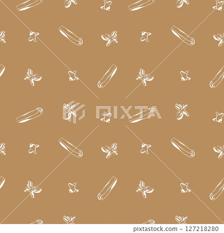 Seamless pattern with white hand drawn spices on warm cinnamon brown background for packaging or kitchen use Seamless pattern with white hand drawn spices on warm cinnamon brown background for packaging or kitchen use 127218280