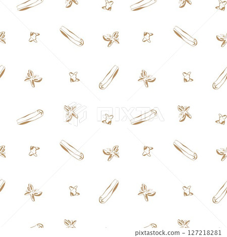 Seamless pattern with cinnamon colored line drawings of spices on clean white background for cooking and packaging Seamless pattern with cinnamon colored line drawings of spices on clean white background for cooking and packaging 127218281