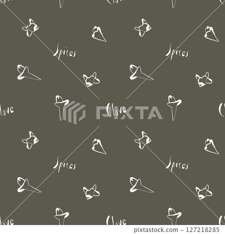 Seamless pattern with hand drawn white clove buds on deep green background for packaging textile and kitchen wall art 127218285