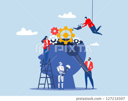 Team for mechanical repairs,diverse people adjusting a gear mechanism inside the head silhouette,Business Improvement concept. vector 127218307