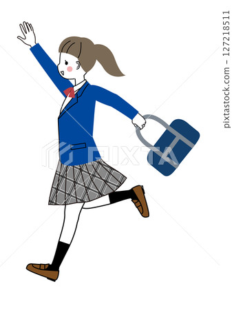 A female student in uniform running while waving her hand A female student in uniform running while waving her hand 127218511