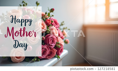 Elegant Mother's Day floral arrangement on a white surface indoors with natural light 127218581