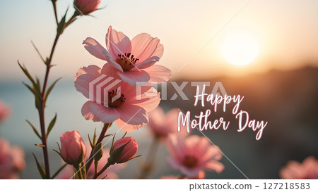 Floral Greeting for Mother's Day at Sunset with Blossoms and Radiant Sunlight Floral Greeting for Mother's Day at Sunset with Blossoms and Radiant Sunlight 127218583