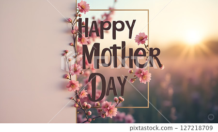 Elegant Happy Mother's Day greeting card with floral decorations and soft sunset 127218709
