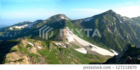 A wide panoramic view of the Hakuba mountain range in early summer from the Hakuba traverse trail (from Mt. Karamatsu to Mt. Hakuba) A wide panoramic view of the Hakuba mountain range in early summer from the Hakuba traverse trail (from Mt. Karamatsu to Mt. Hakuba) 127218870
