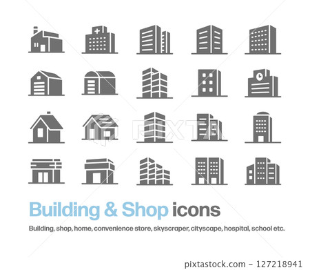 Icon set of buildings. Silhouettes of buildings, houses, shops, hospitals, schools, etc. 127218941