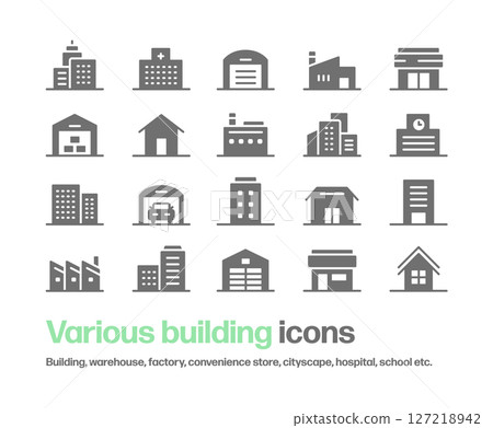 各種建築圖示。建築物、倉庫、工廠、醫院、學校、房屋等的輪廓圖示。 127218942
