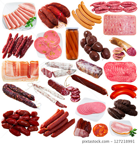 Slicing sausages and ham isolated on white background 127218991