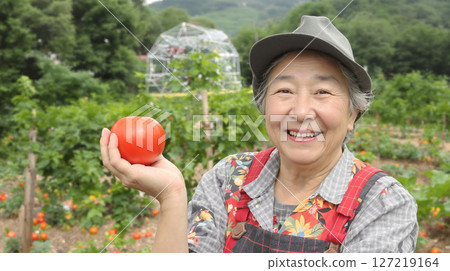 Senior woman laughing while holding tomatoes in a rural field 127219164