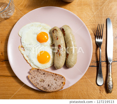 Fried eggs served with sausages for breakfast Fried eggs served with sausages for breakfast 127219513