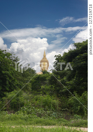 Large Golden Buddha Statue Amidst Lush Greenery and Against Blue Sky and white clouds Large Golden Buddha Statue Amidst Lush Greenery and Against Blue Sky and white clouds 127219718