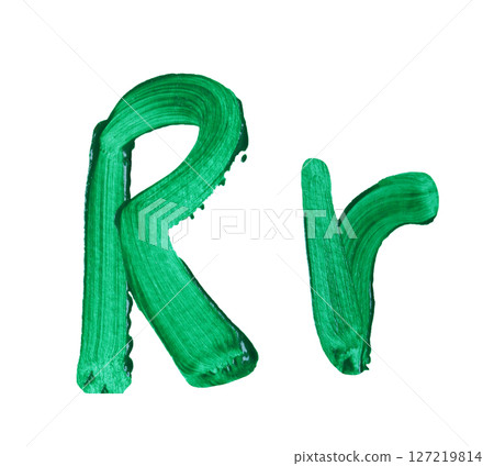 Hand-painted Green Letters R and r with isolated on white background. Hand-painted Green Letters R and r with isolated on white background. 127219814