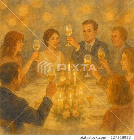 新婚夜宴席畫作 | 舉杯歡慶幸福時光 | 浪漫燭光晚餐 | 婚禮派對 | 乾杯插畫 | 水彩風格 127219922