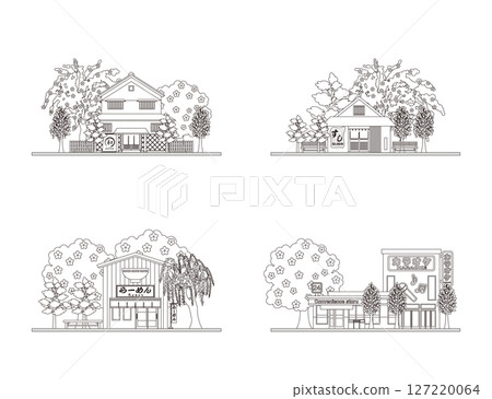 Illustration of Japanese townscape. Spring in Japan. Coloring book. 127220064