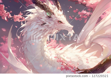 White dragon among cherry blossoms 127220321